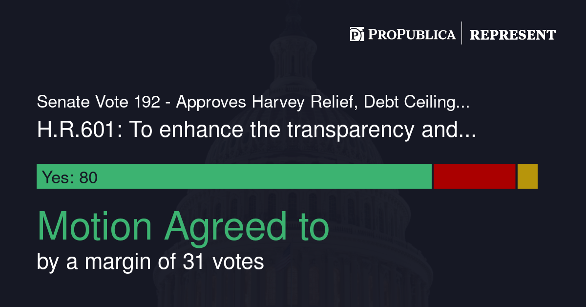 Senate Vote 192 Approves Harvey Relief Debt Ceiling Increase