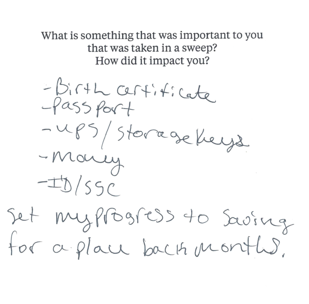 Elijah Harris, in a handwritten response to a prompt from ProPublica, described the loss of everything he needed to deliver for DoorDash, alongside storage and mail keys, money and all his identification.