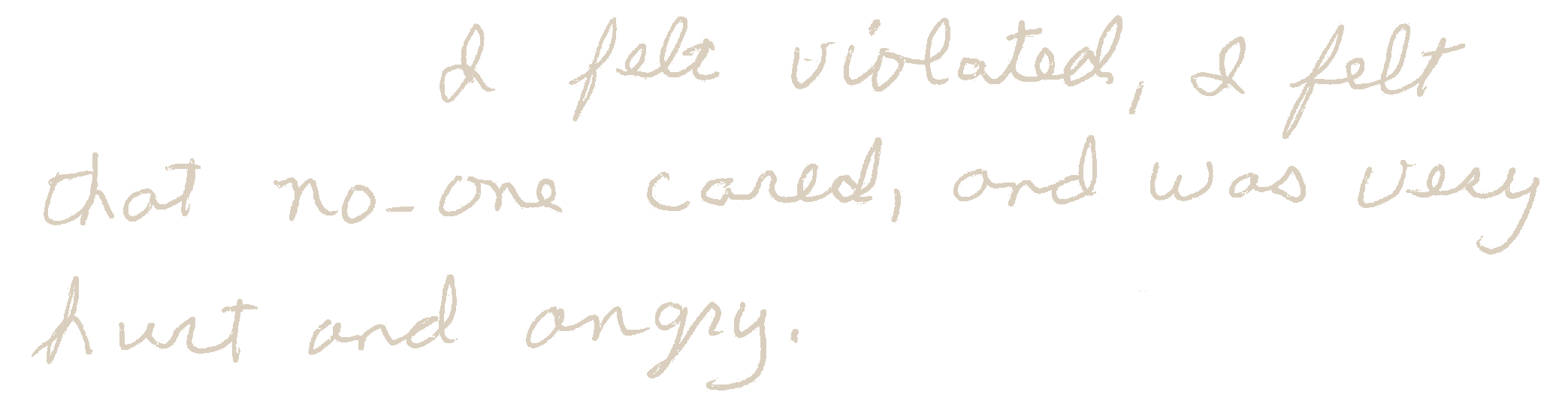 Handwritten card reading “I felt violated, I felt that no-one cared, and was very hurt and angry.”