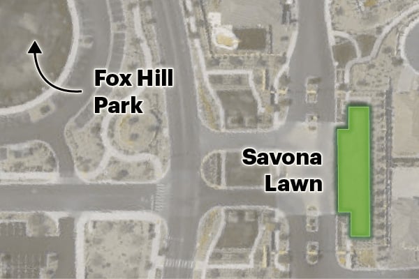 Savona was allowed to keep this 0.14-acre lawn, which the HOA says is used by a few hundred people per month. Across the street is a 13-acre public park.